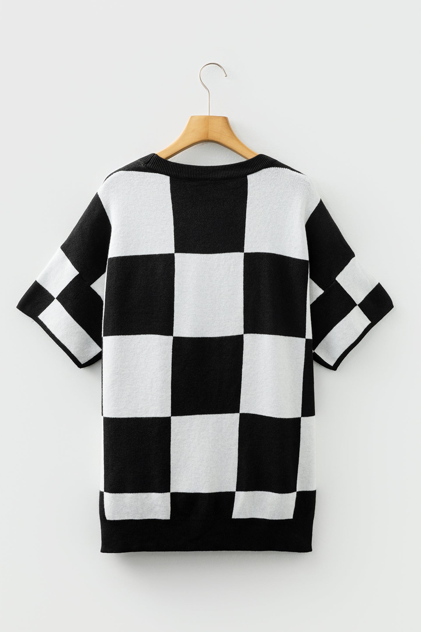 Light French Beige Checkered Pattern Loose Drop Shoulder Half Sleeve Sweater