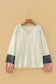 White Floral Patchwork Textured Knit Drawstring V Neck Blouse