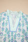 Green Floral Print Striped Detail Contrast V Neck Patchwork Flutter Sleeve Blouse