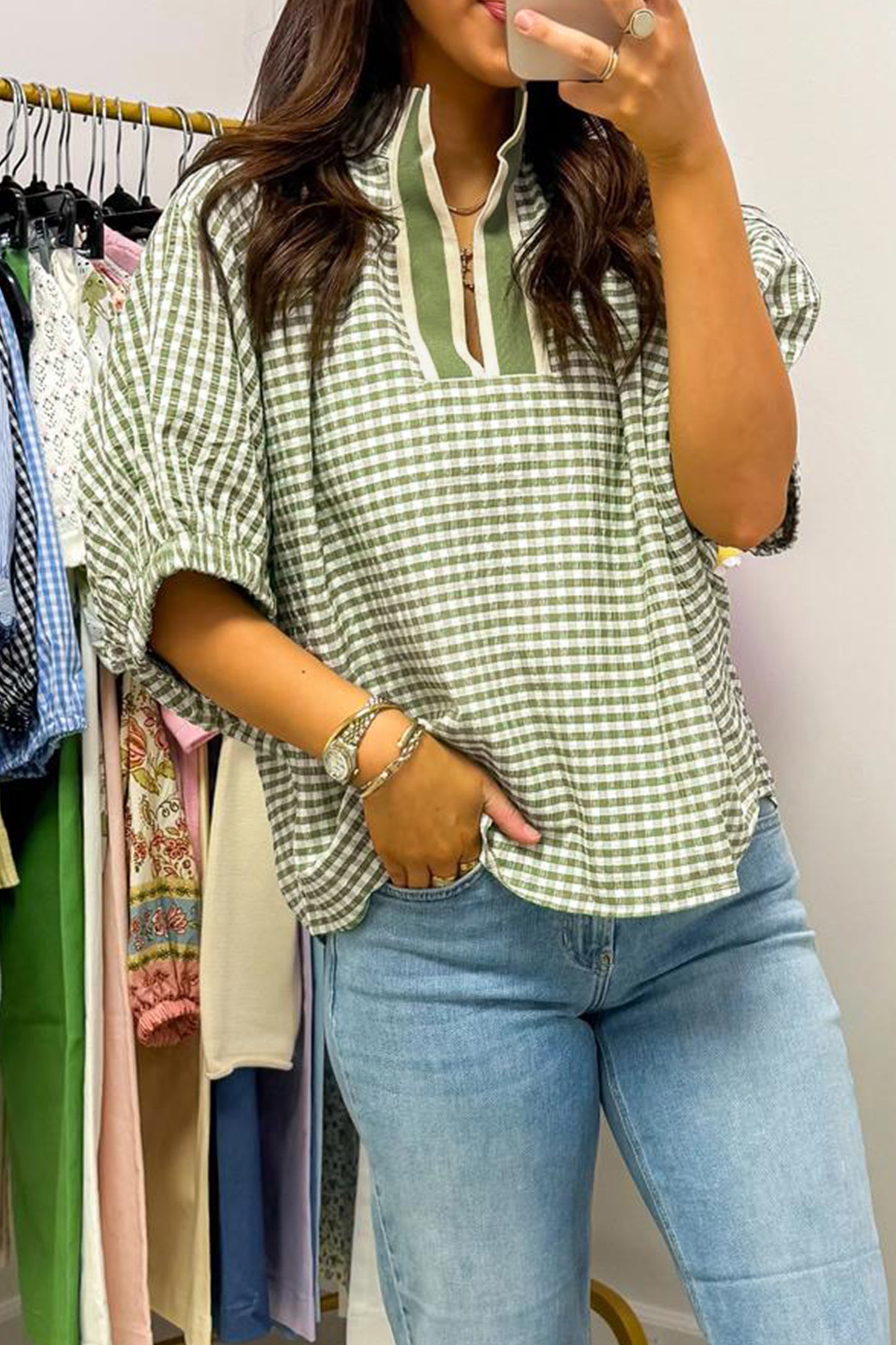 Green Plaid Short Sleeve Colorblock Trim Split Neck Blouse