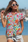 Sky Blue Floral Print Split Neck Button Front Flutter Sleeve Blouse