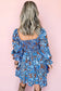 Blue Smocked Bodice High Waist Ruffled Sleeve Floral Dress