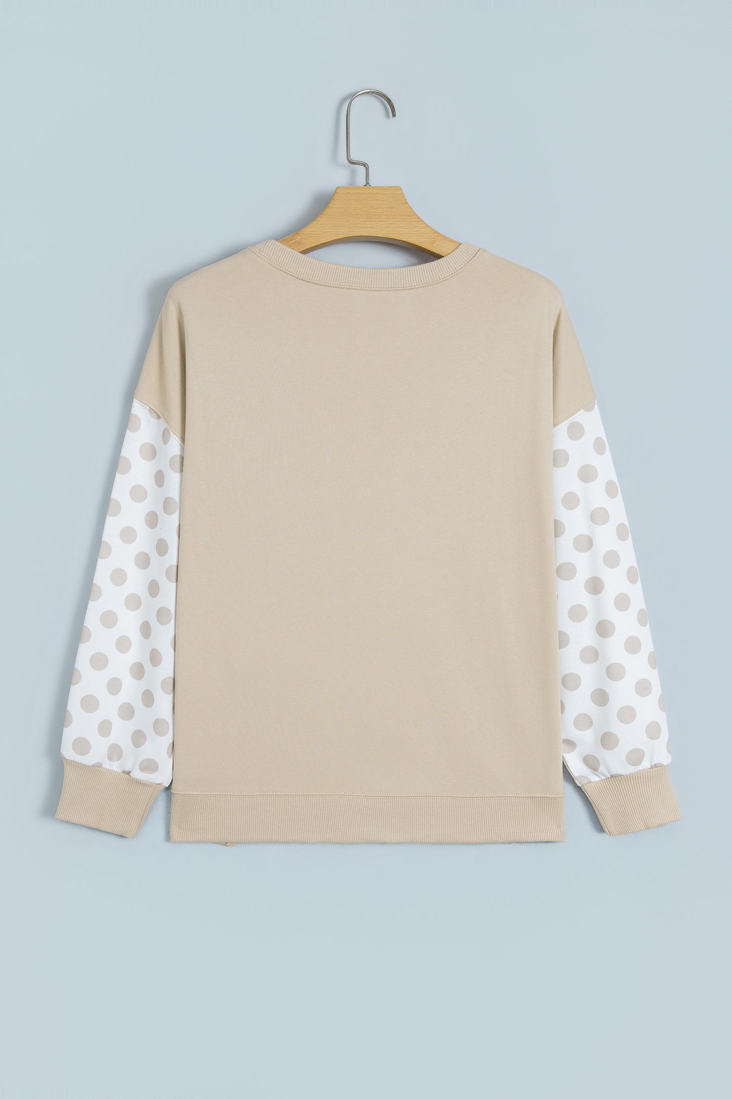 Khaki Polka Dot Patchwork Sleeve Crew Neck Loose Pullover Sweatshirt