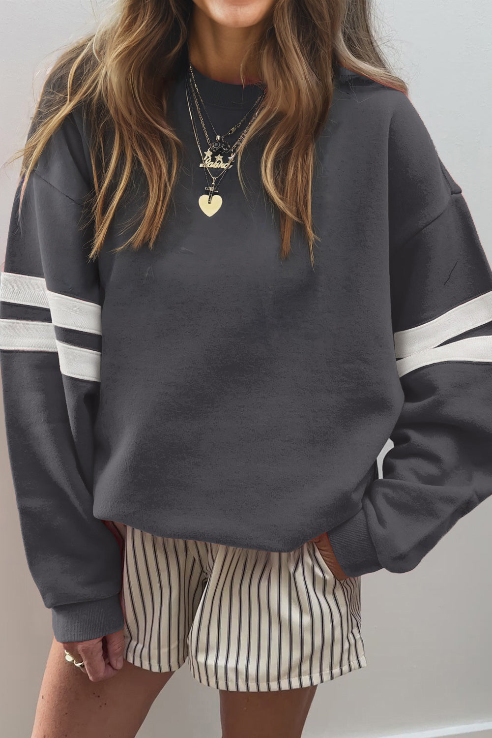 Light French Beige Varsity Striped Detail Drop Shoulder Oversized Sweatshirt