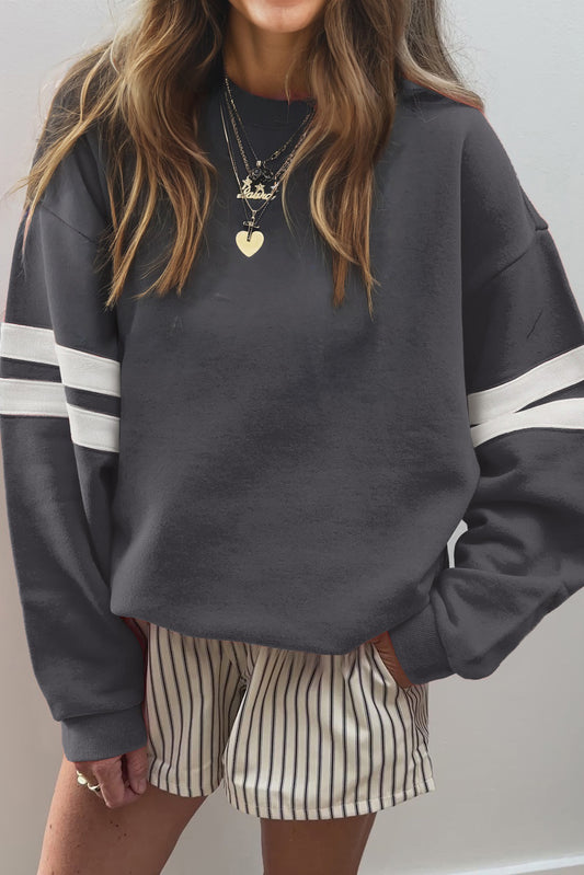 Light French Beige Varsity Striped Detail Drop Shoulder Oversized Sweatshirt