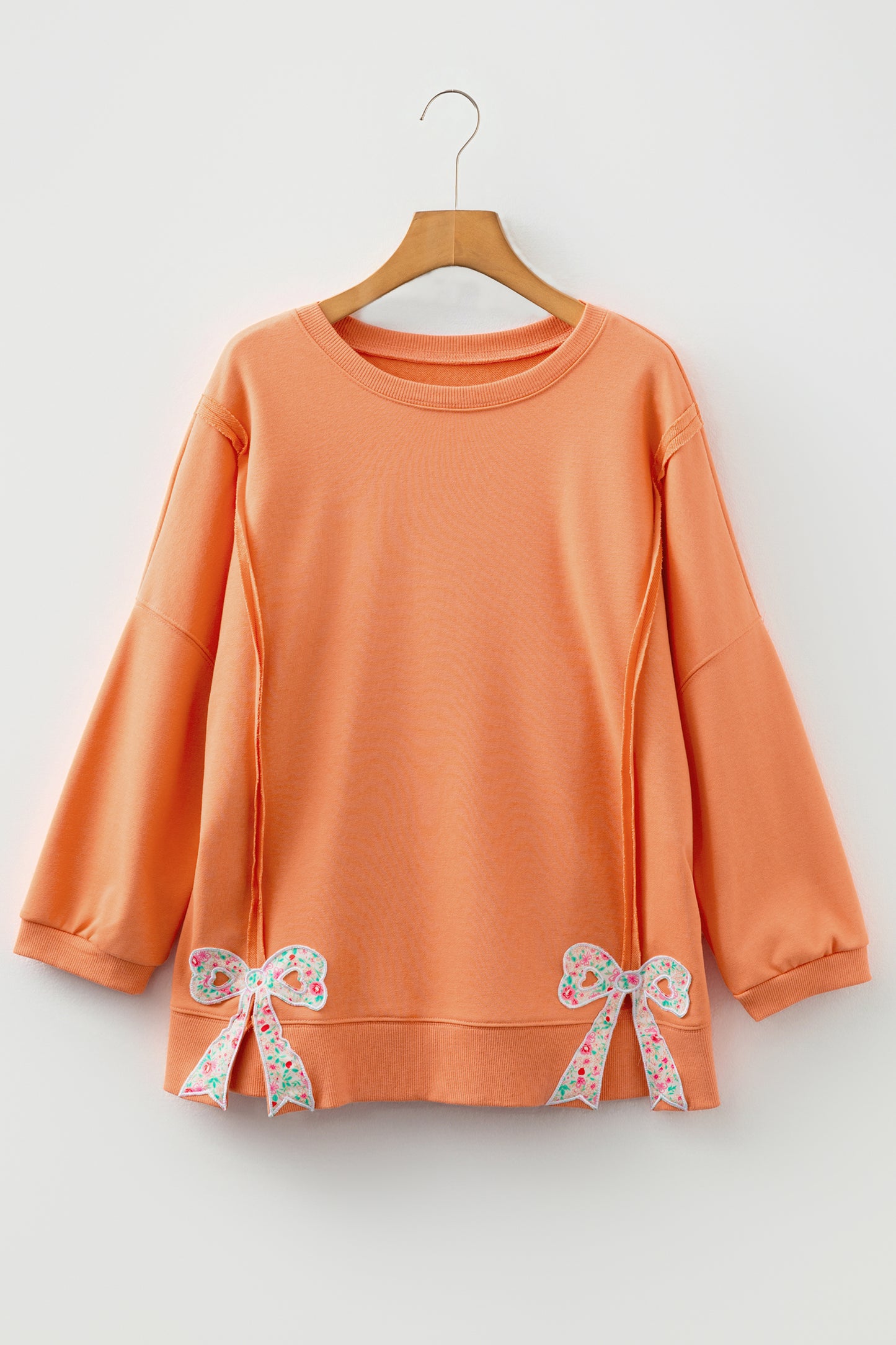 Fiery Red Floral Bow Patched Exposed Seam Patchwork Slit Baggy Sweatshirt