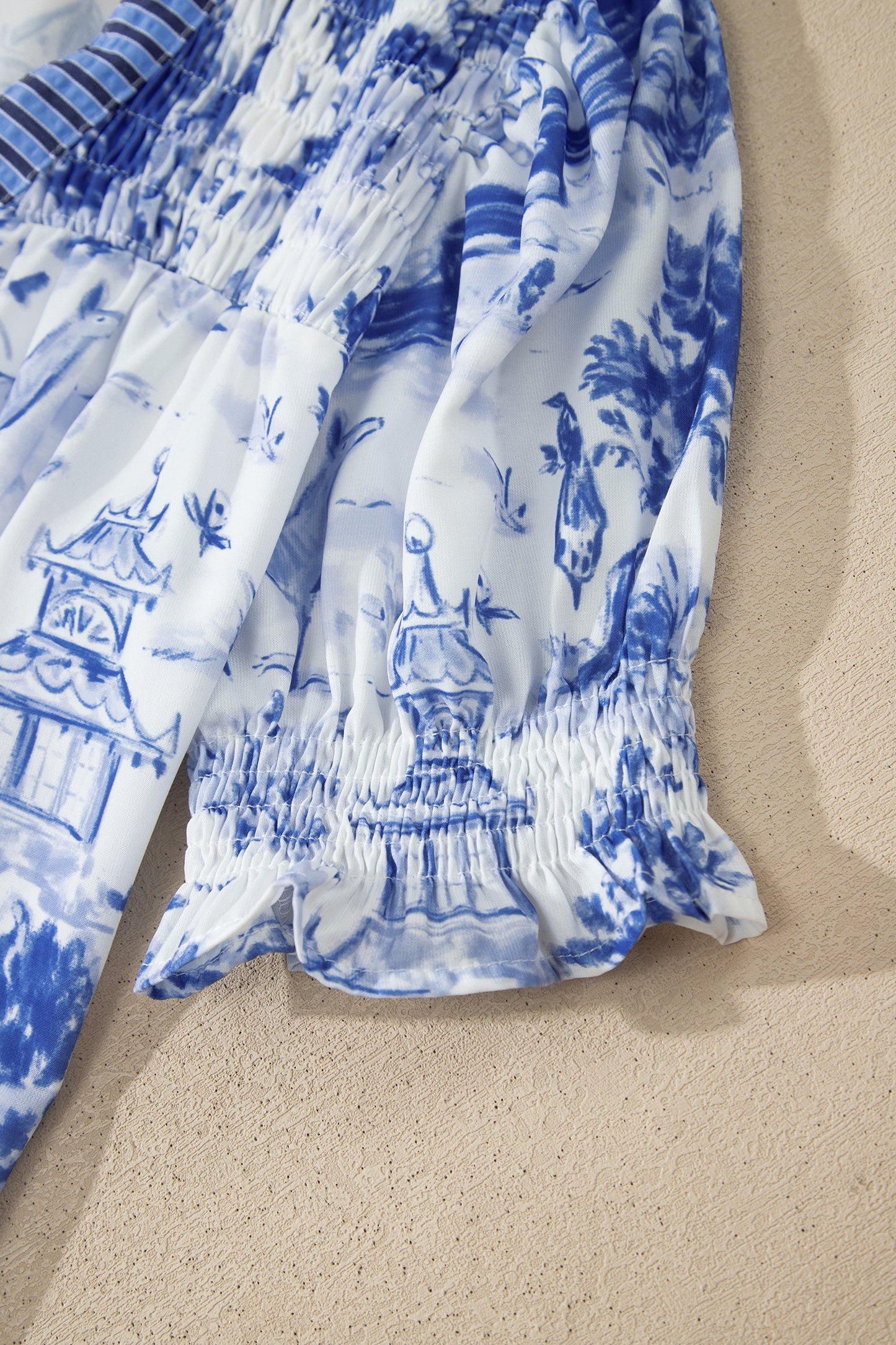 Blue Wild Animal Paradise Striped Detail V Neck Blouse