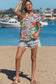 Sky Blue Floral Print Split Neck Button Front Flutter Sleeve Blouse