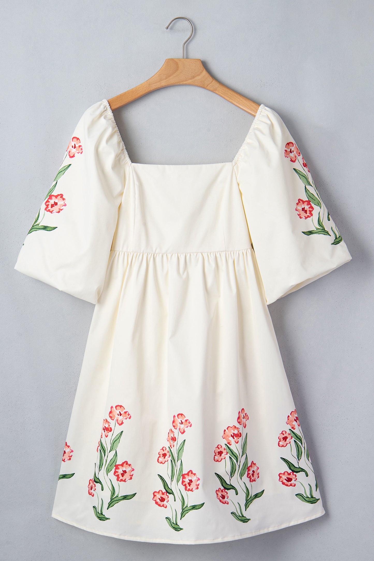 Beige Floral Print Puff Sleeve Babydoll Dress