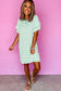 Green Stripe Ruffled Short Sleeve Crew Neck T Shirt Shift Mini Dress