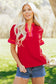 Fiery Red Striped Frilled Collar Ruffled Short Sleeve Blouse