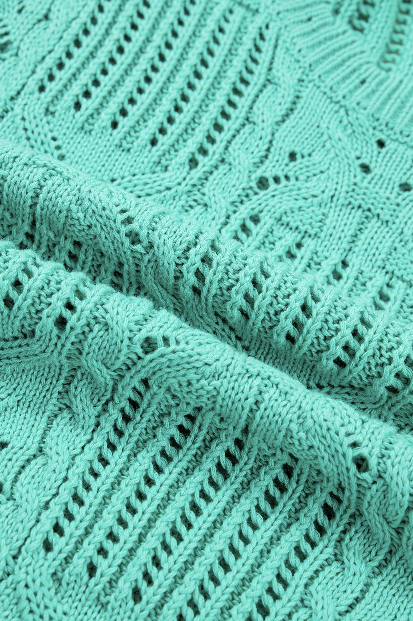 Beau Blue Pointelle Knit Patterned Scalloped Trim Short Sleeve Sweater