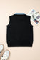Black Solid Color Knit Contrast Denim Patchwork Collar Sweater Vest