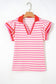 Blue Stripe Contrast Trim Polo Collar Ruffled Short Sleeve Blouse
