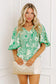 Green Flirty Floral Smocked V Neck Blouse