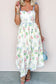 Beige Floral Print Contrast Trim Self-tie Straps High Waist Midi Dress