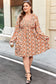 Beige Plus Size Floral Print V Neck Long Sleeve Babydoll Short Dress