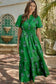 White Floral Print Split Neck Shirred High Waist Ruffle Hem Maxi Dress
