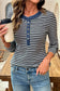 Gray Stripe Denim Contrast Collar Half Button Long Sleeve Top