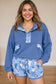 Blue Floral Patchwork V-Neck Long Sleeve Short Bottoms Plus Size Set