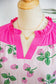 Pink Striped Strawberry Printed Color Block Patchwork V Neck Flutter Sleeve Blouse