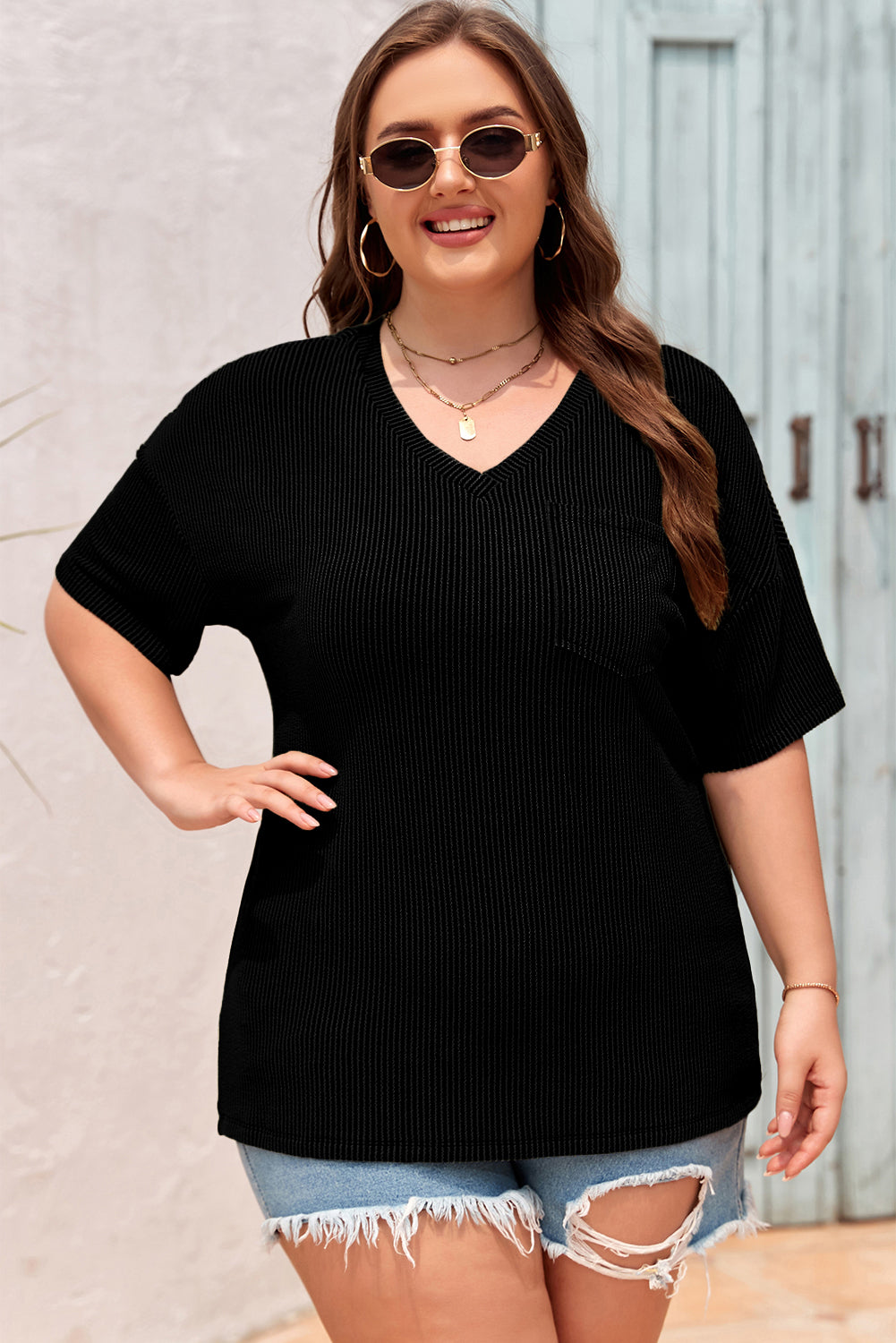 Light Grey Textured V-Neck Dropped Shoulder Plus T-Shirt