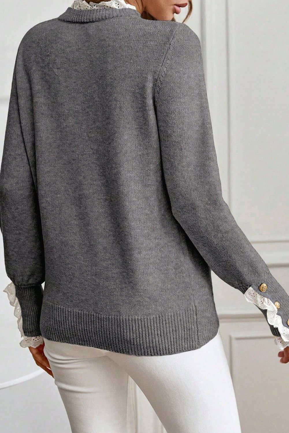 Racing Red Lace Trim Patchwork Buttoned Cuffs Loose Sweater