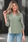 White Floral Puff Sleeve Contrast V Neck Patchwork Blouse
