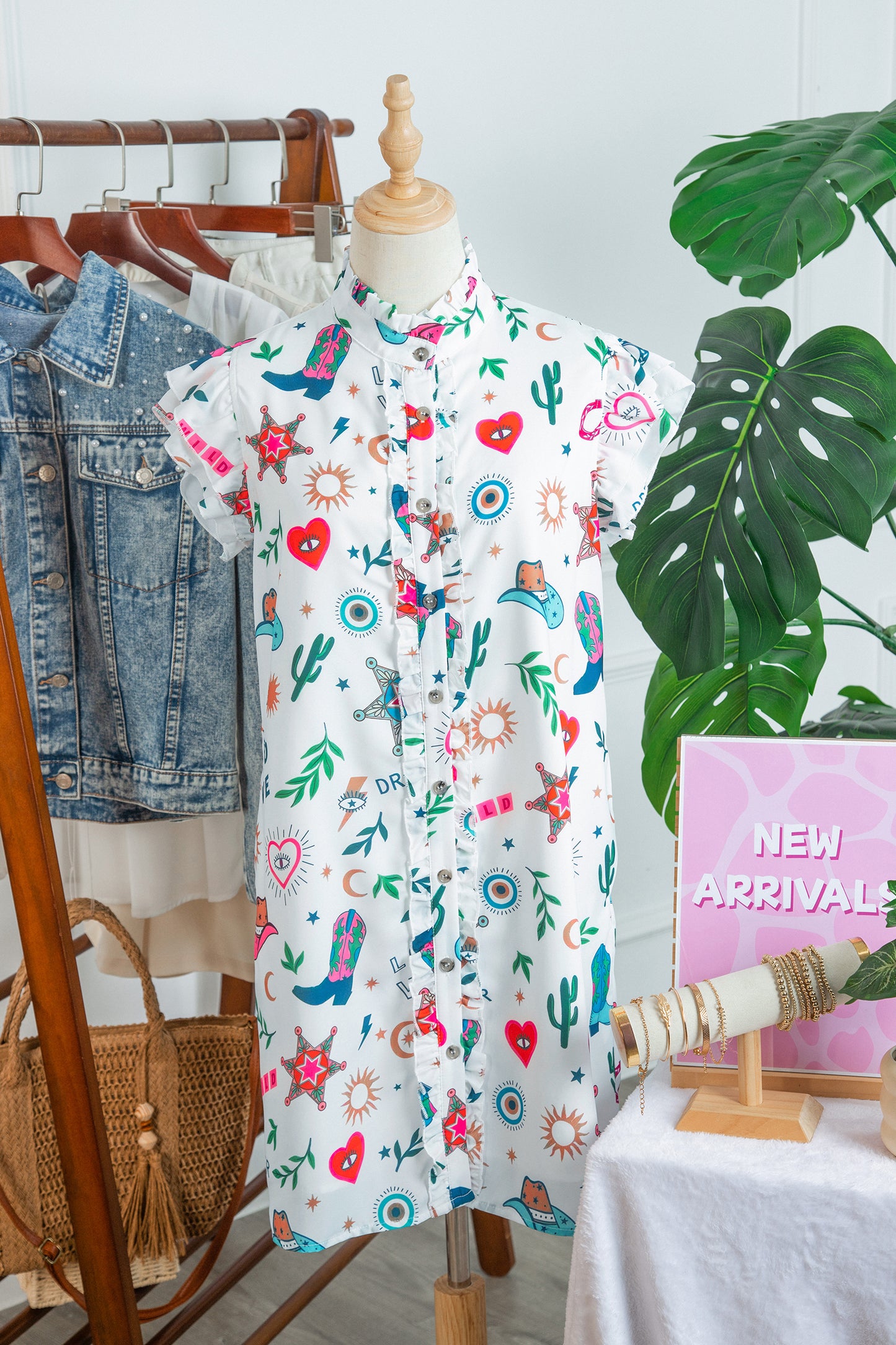 White Western Print Flutter Sleeve Button Down Mini Dress