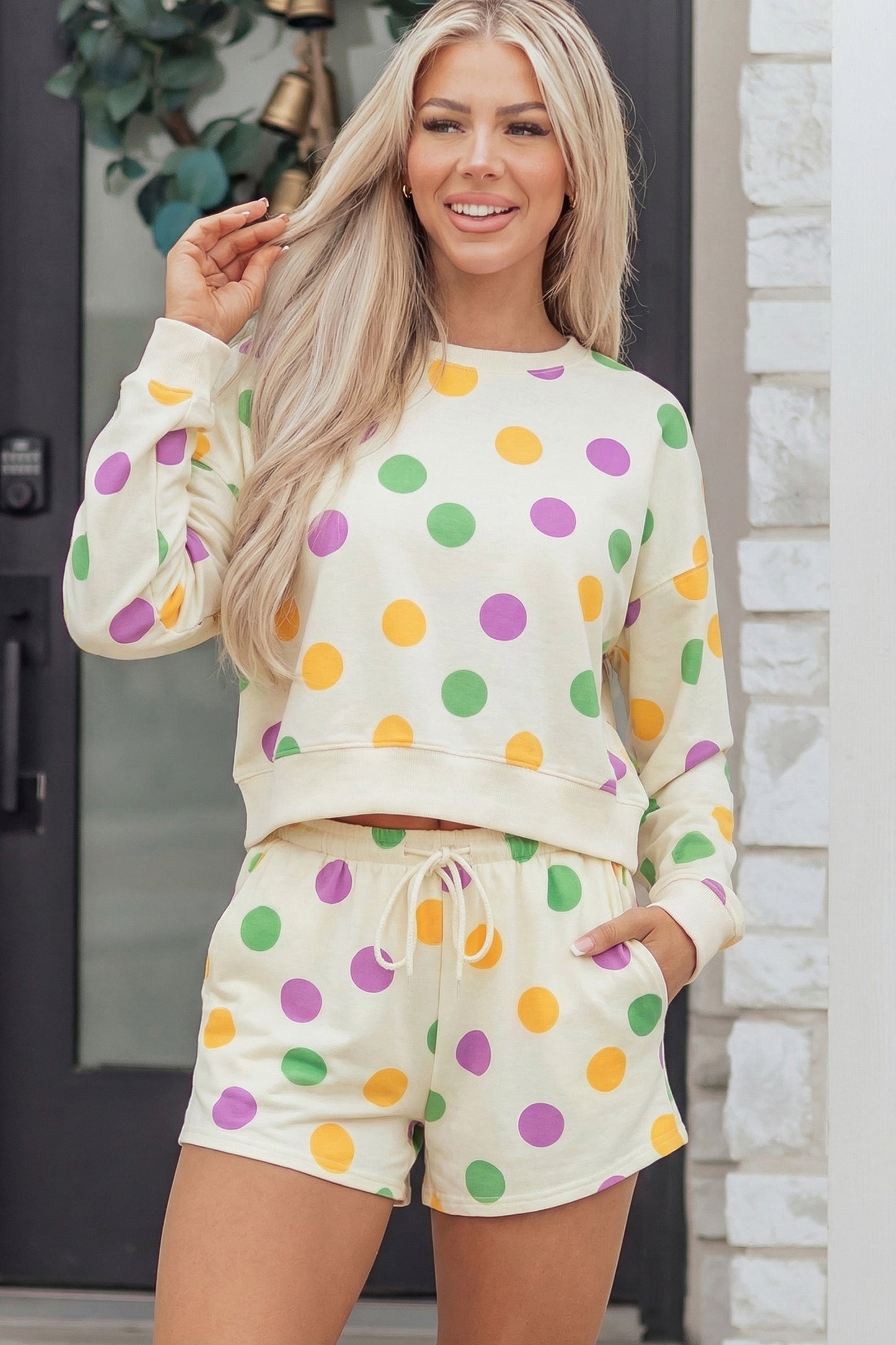 Sky Blue Polka Dot Print Drop Shoulder Pullover Drawstring Shorts Set