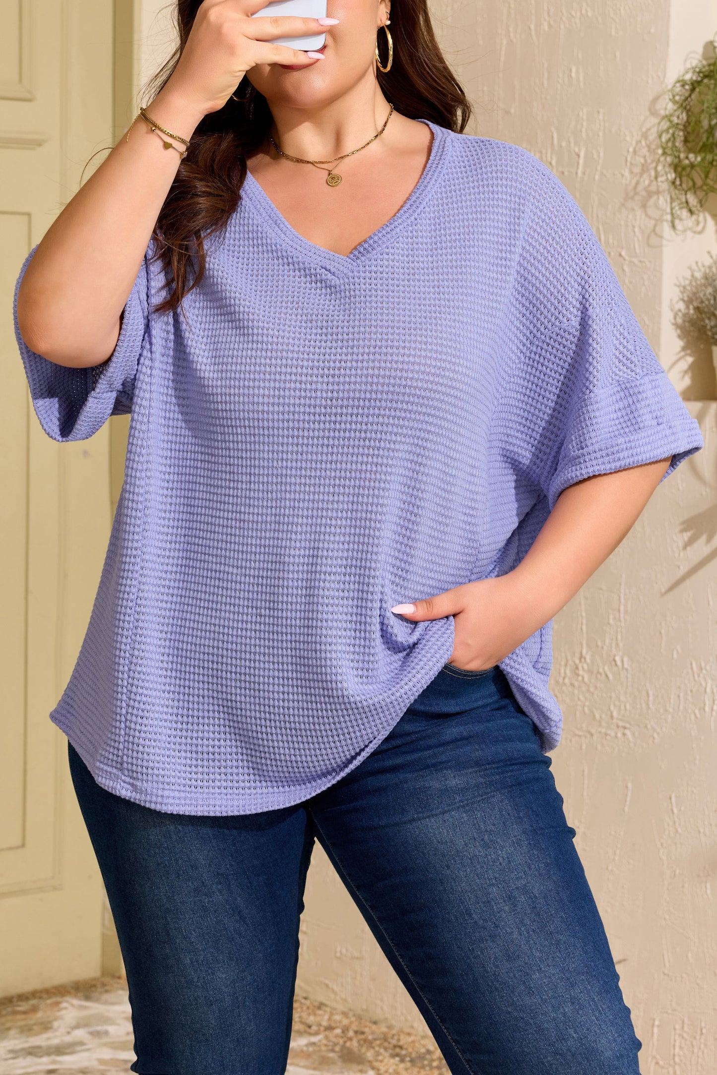 Wisteria V Neck Short Sleeve Plus Size Waffle Knit Top