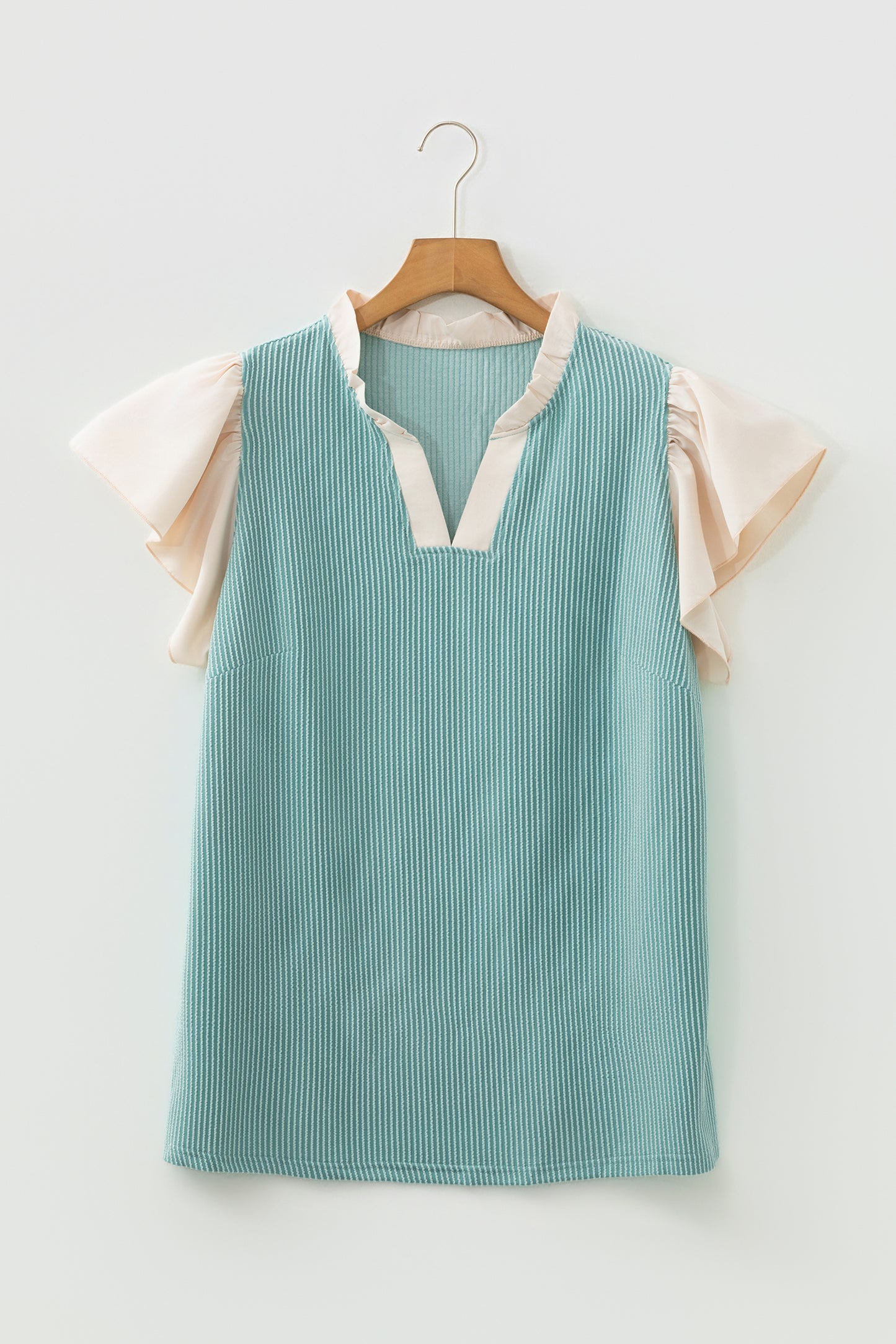 Fushia Plus Size Contrast Frilled Neckline Ruffled Short Sleeve Ribbed Textured Blouse
