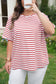 Red Stripe Plus Size Scalloped Trim Round Neck Short Sleeve Top