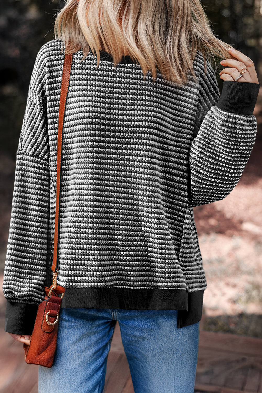 Red Stripe Ribbed Trim Drop Shoulder Long Sleeve Oversize Top