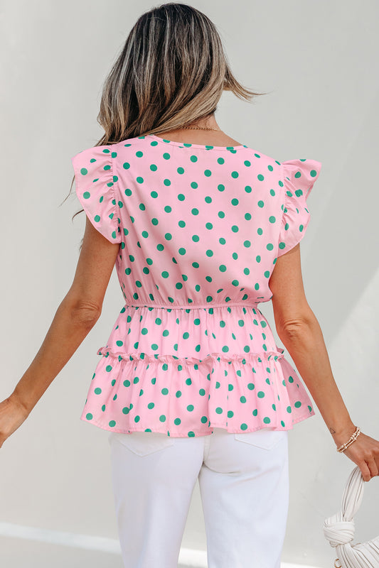 Pink V Neck Polka Dot Print Drawstring Tiered Babydoll Blouse