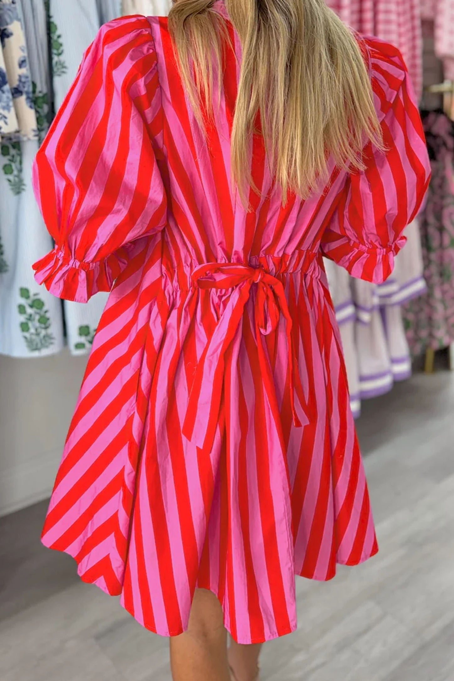 Red Stripe Half Button Puff Sleeve Loose Mini Dress