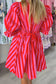 Red Stripe Half Button Puff Sleeve Loose Mini Dress