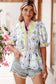 Purple Floral Print Striped Detail Split Neck Flounce Short Sleeve Peplum Blouse