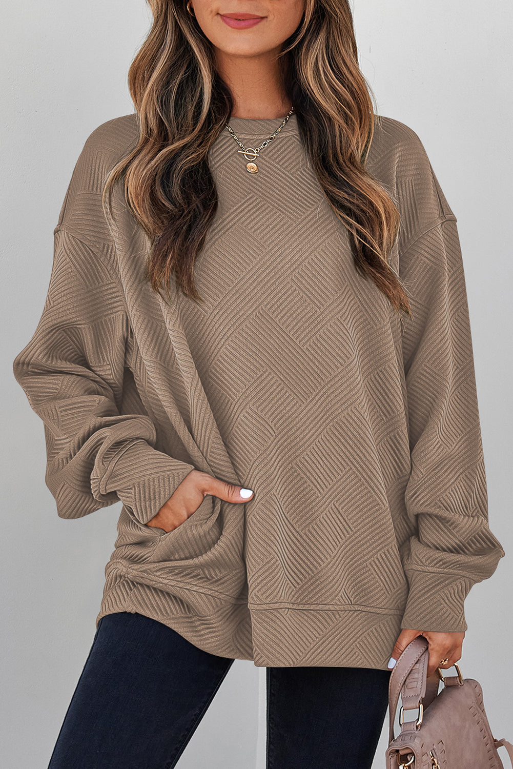 Jungle Green Solid Color Textured Round Neck Drop Shoulder Pullover Sweatshirt