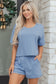 Jet Stream Solid Color Contrast Textured Patchwork Raw Edge 2pcs Short Set