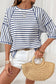Apricot Stripe Textured Knit Split Hem Half Sleeve Loose Top