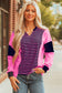 Pink Stripe Color Block V Neck Loose Fit Long Sleeve Top