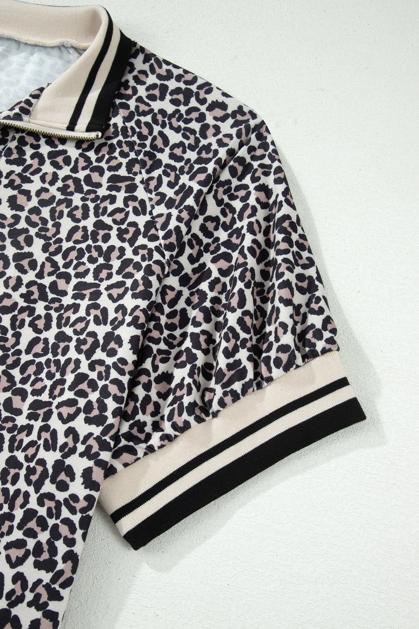 Brown Plus Size Leopard Print Striped Webbing Patchwork Half Zip Blouse