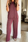 Dark Grey Twisted Ribbed High Neck Loose Tee Elastic High Waist Loose Pant Set