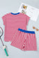 Pink Stripe Colorblock Trim V Neck Tee Drawstring Elastic Waist Short Set