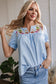 Sky Blue Floral Embroidered Puff Sleeve Notched V Neck Blouse
