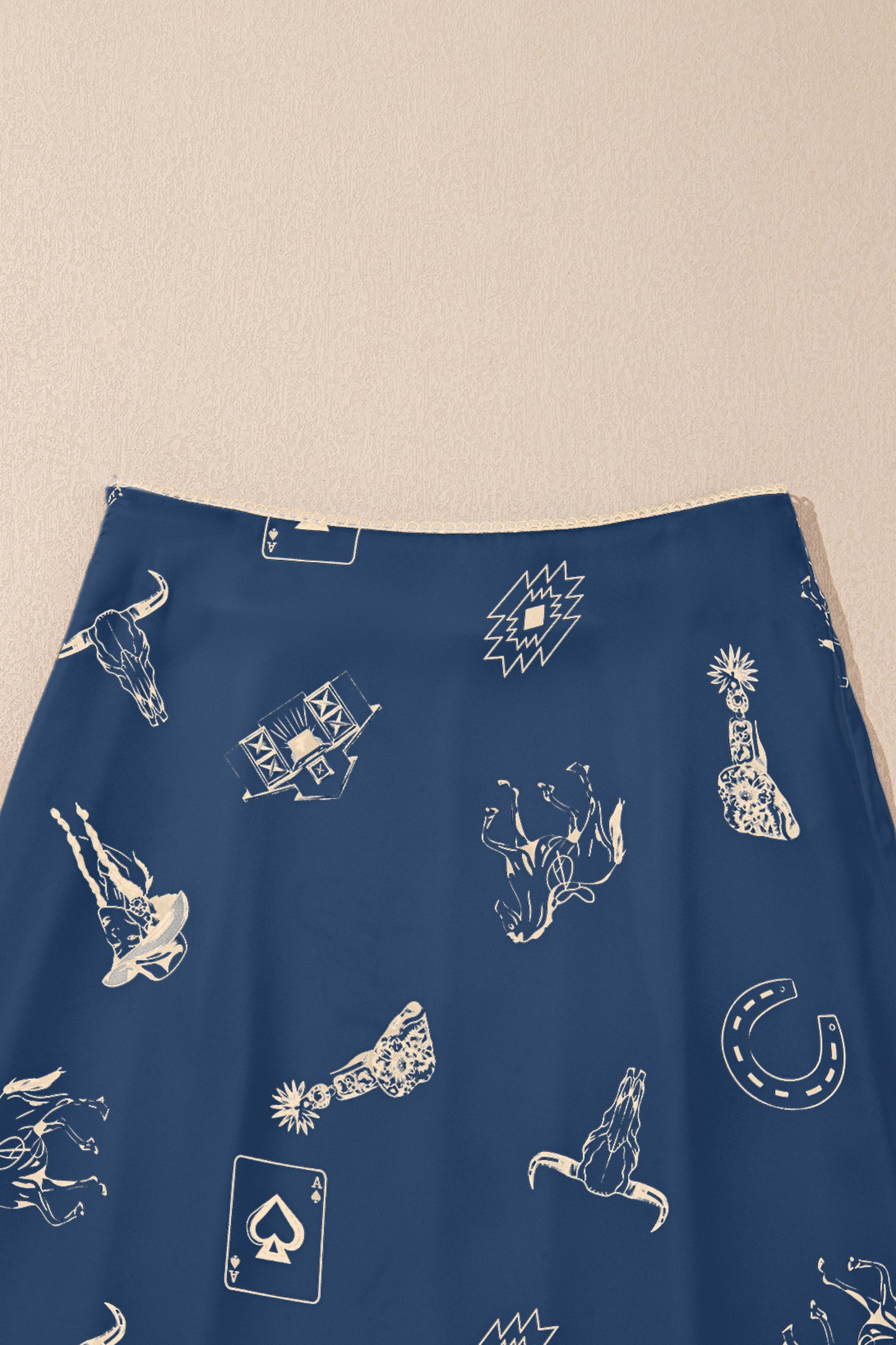White Western Print Satin Long Skirt