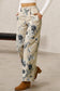 Beige Retro Floral Print Turn-up Cuffed Hem Loose Jeans