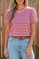 Rose Stripe Striped V-Neck Ribbed Collar Cuff Gathering Puff Sleeve Top