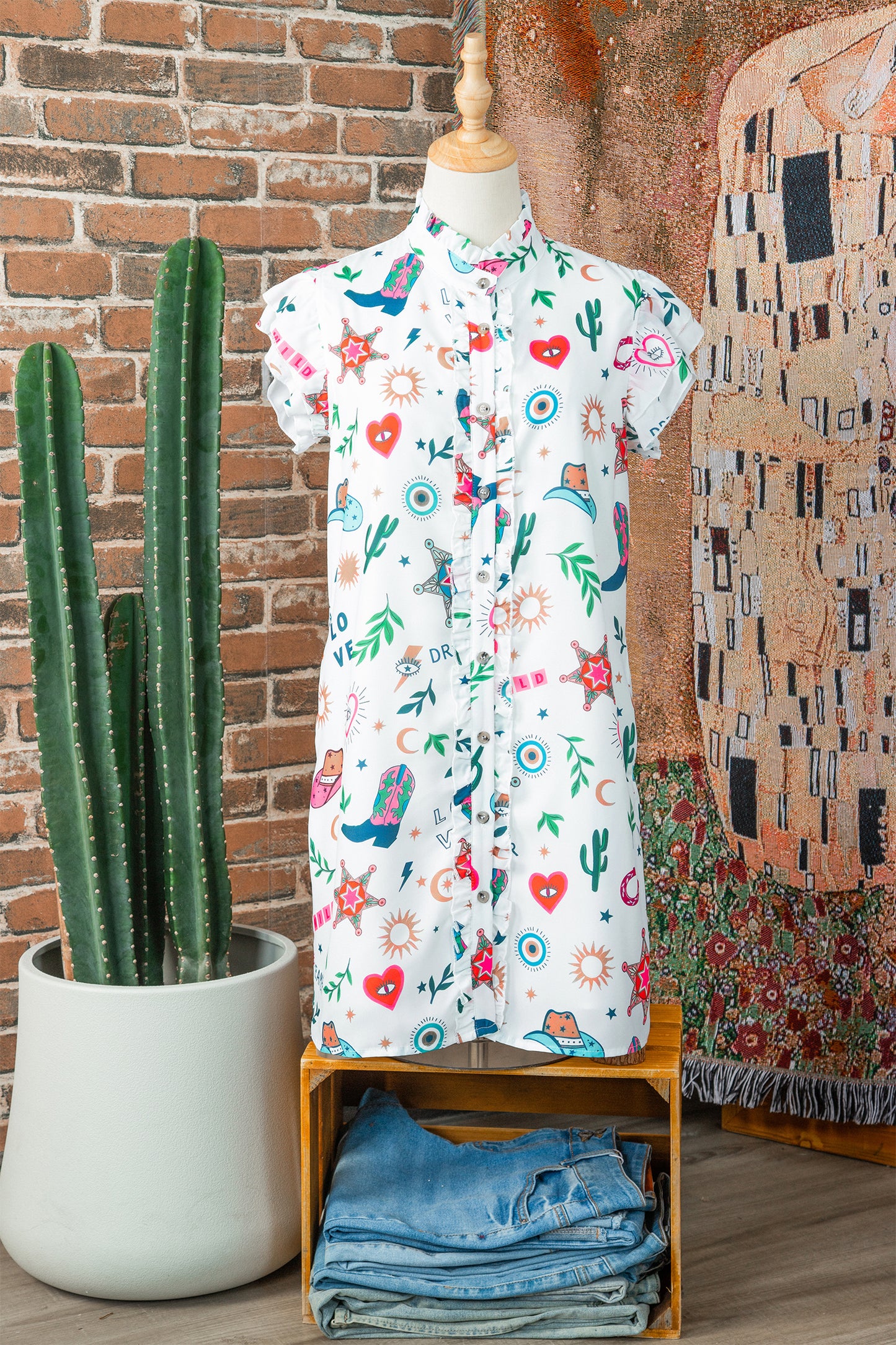 White Western Print Flutter Sleeve Button Down Mini Dress